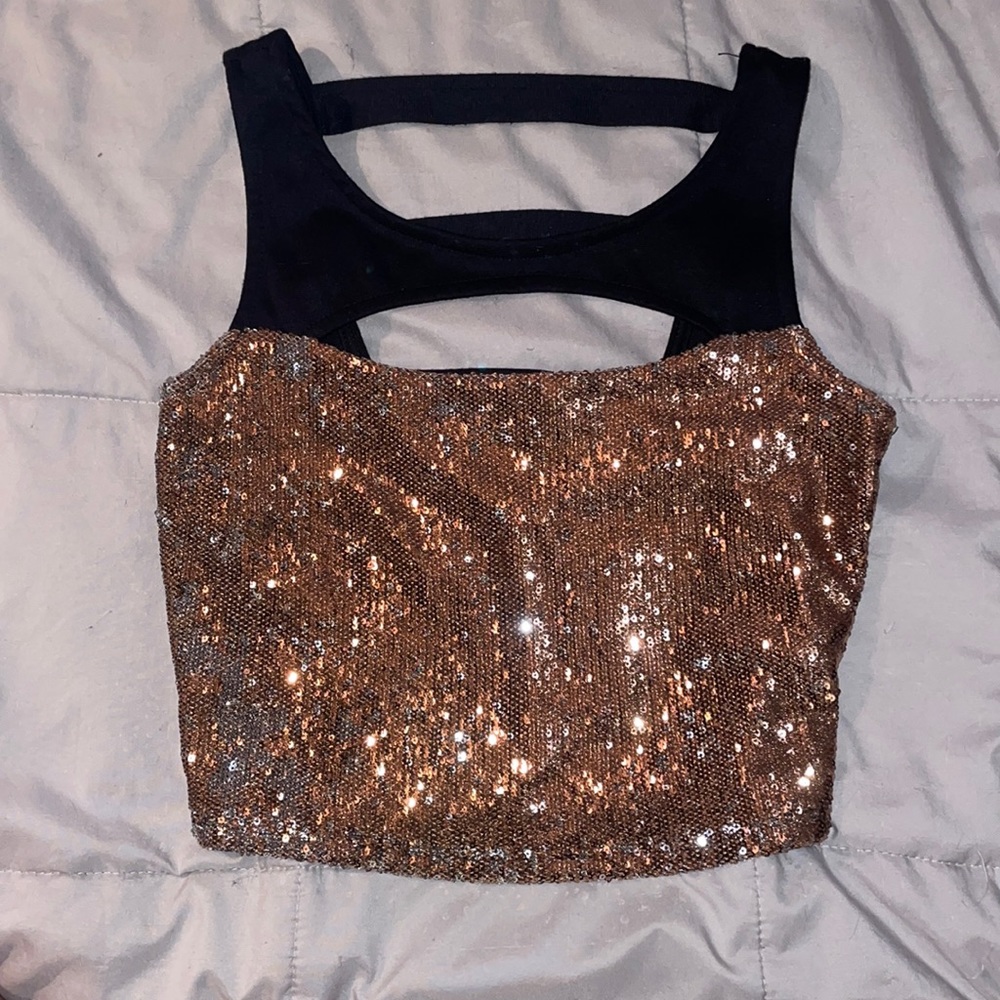 Gold sequin and black evening crop top